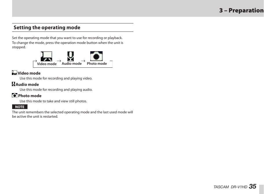 Setting the operating mode, はじめに, 35 3 – preparation | Teac DR-V1HD User Manual | Page 35 / 102