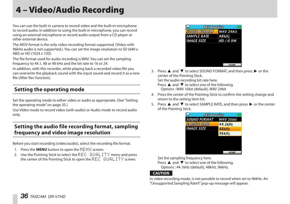 4 – video/audio recording, Setting the operating mode | Teac DR-V1HD User Manual | Page 36 / 102