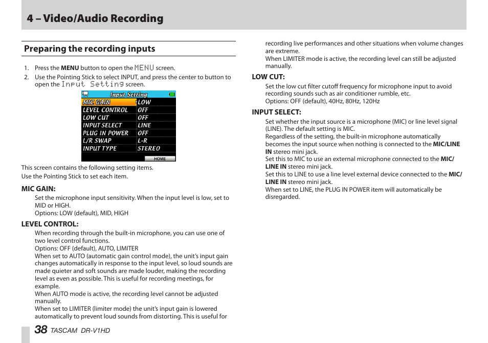 Preparing the recording inputs, 4 – video/audio recording | Teac DR-V1HD User Manual | Page 38 / 102