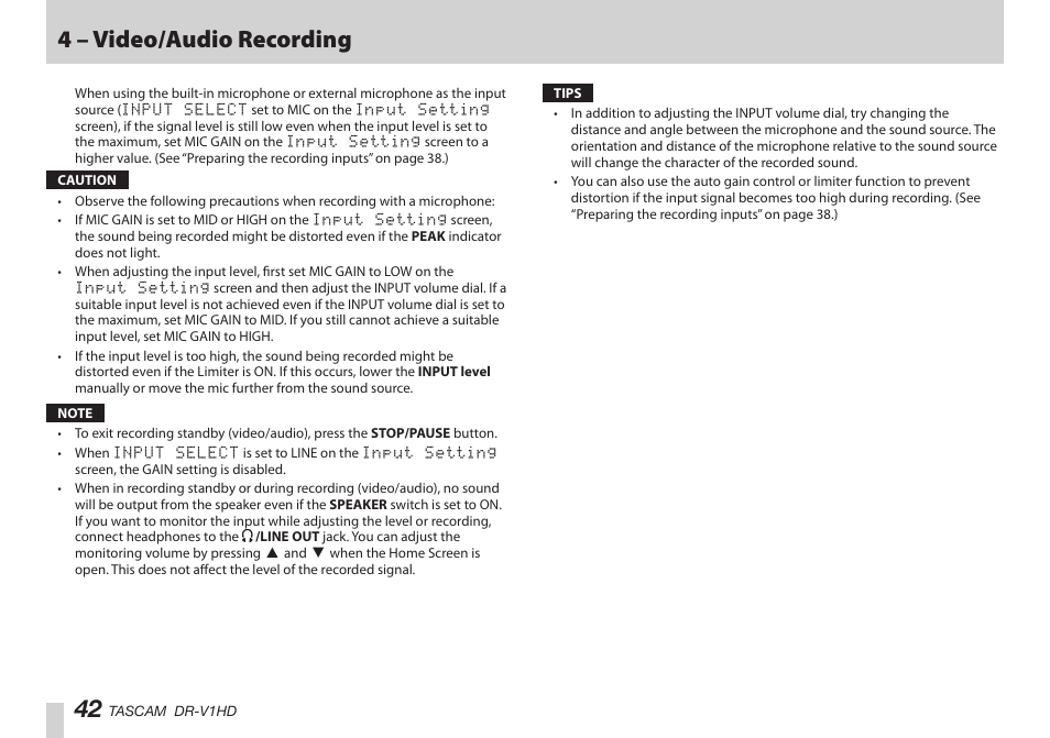 4 – video/audio recording | Teac DR-V1HD User Manual | Page 42 / 102