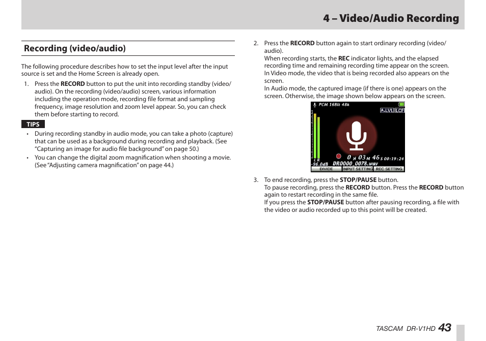 Recording (video/audio), 43 4 – video/audio recording | Teac DR-V1HD User Manual | Page 43 / 102