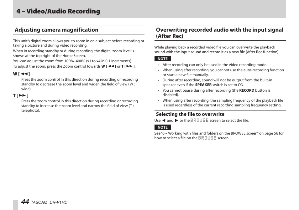 Adjusting camera magnification, Selecting the file to overwrite, 4 – video/audio recording | Teac DR-V1HD User Manual | Page 44 / 102