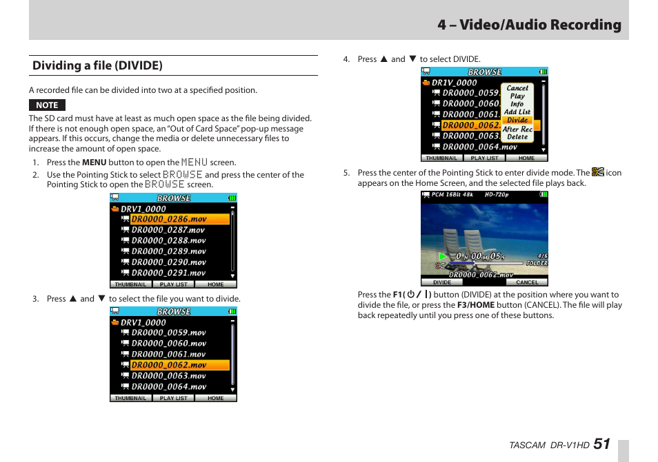 Dividing a file (divide), 51 4 – video/audio recording | Teac DR-V1HD User Manual | Page 51 / 102