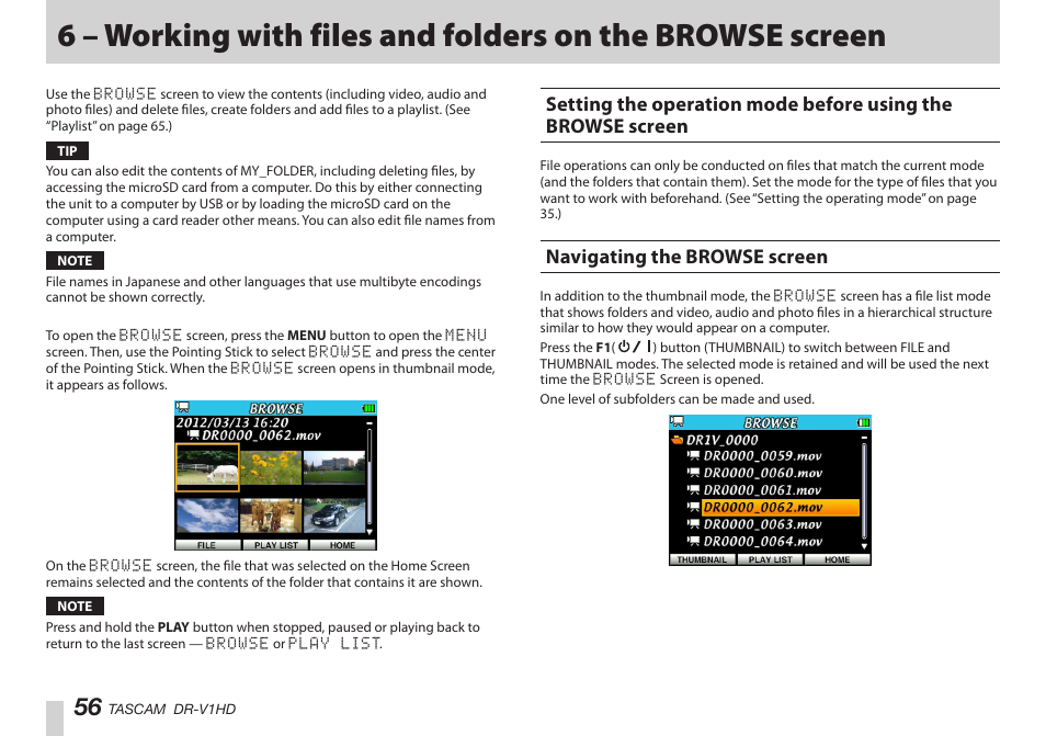 Navigating the browse screen, 6 – working with files and folders on the browse, Screen | Teac DR-V1HD User Manual | Page 56 / 102