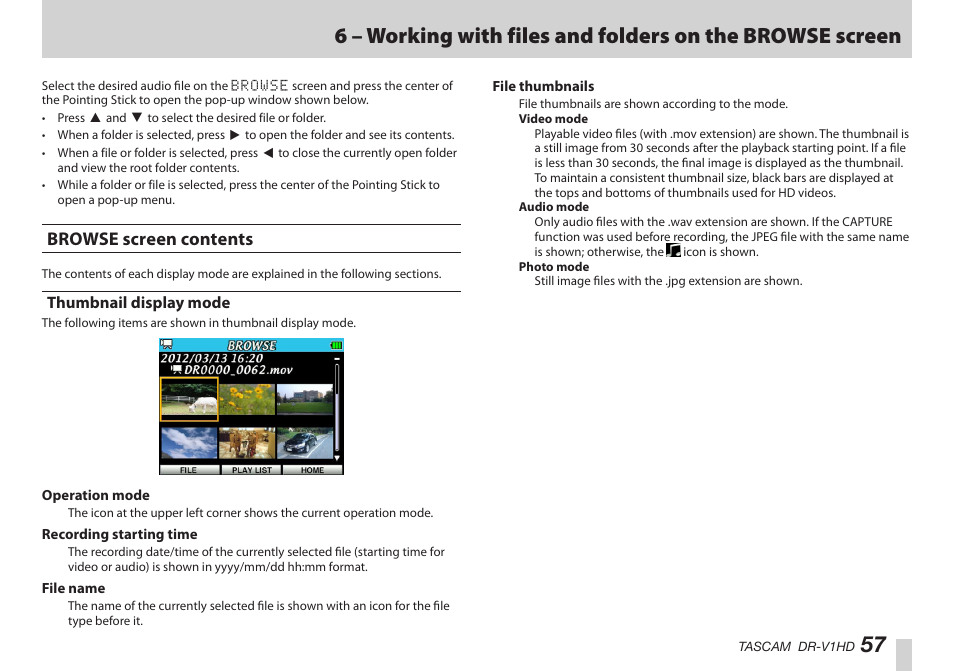Browse screen contents, Thumbnail display mode | Teac DR-V1HD User Manual | Page 57 / 102
