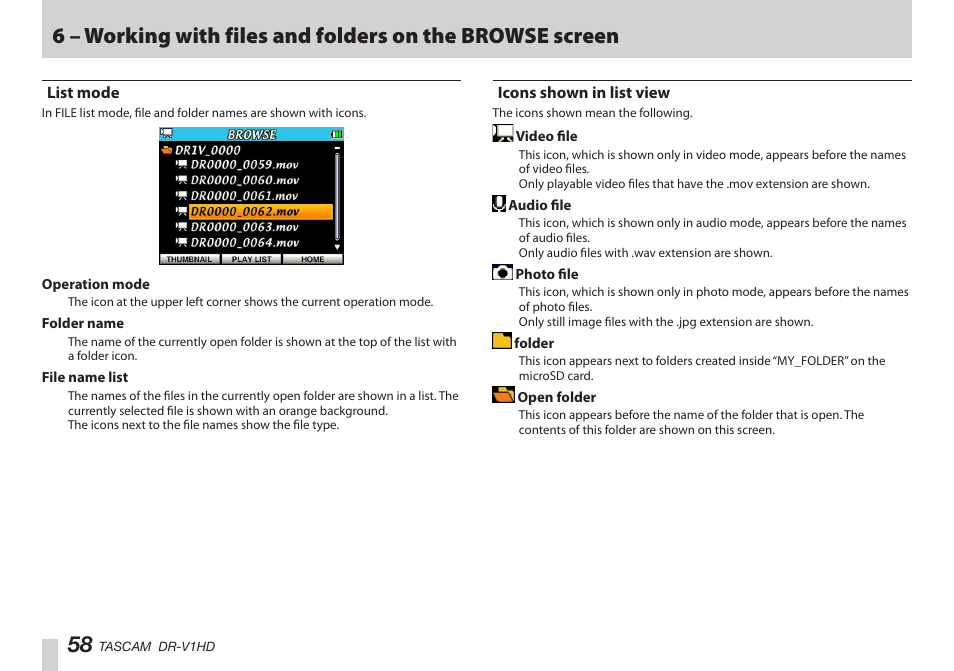 List mode, Icons shown in list view, List mode icons shown in list view | Teac DR-V1HD User Manual | Page 58 / 102