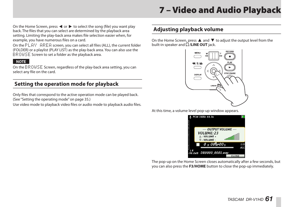 7 – video and audio playback, Setting the operation mode for playback, Adjusting playback volume | はじめに | Teac DR-V1HD User Manual | Page 61 / 102