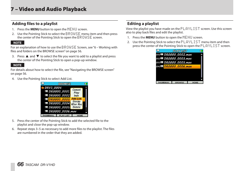 Adding files to a playlist, Editing a playlist, Adding files to a playlist editing a playlist | はじめに, はじめに 66, 7 – video and audio playback | Teac DR-V1HD User Manual | Page 66 / 102