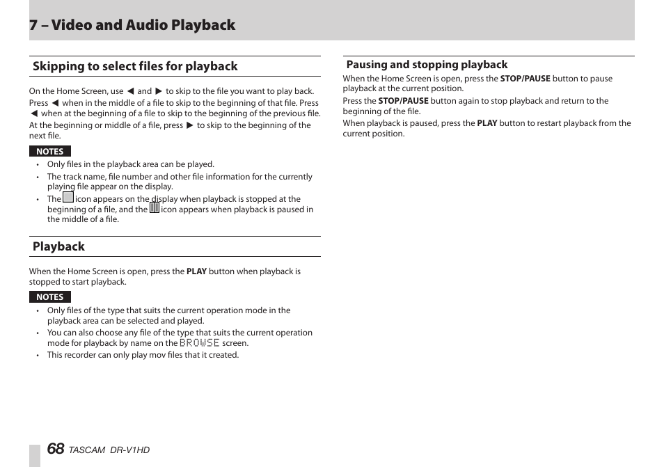 Skipping to select files for playback, Playback, Pausing and stopping playback | Skipping to select files for playback playback, はじめに, はじめに 68, 7 – video and audio playback | Teac DR-V1HD User Manual | Page 68 / 102