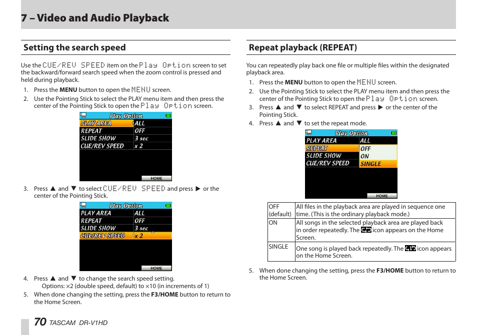 Setting the search speed, Repeat playback (repeat), Setting the search speed repeat playback (repeat) | はじめに, はじめに 70, 7 – video and audio playback | Teac DR-V1HD User Manual | Page 70 / 102