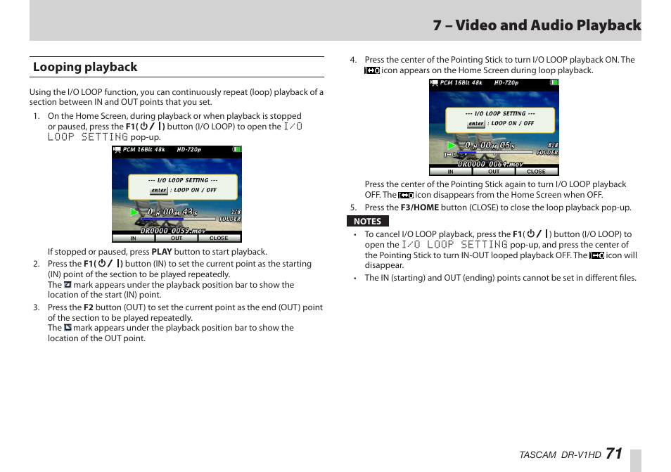 Looping playback, はじめに, 71 7 – video and audio playback | Teac DR-V1HD User Manual | Page 71 / 102