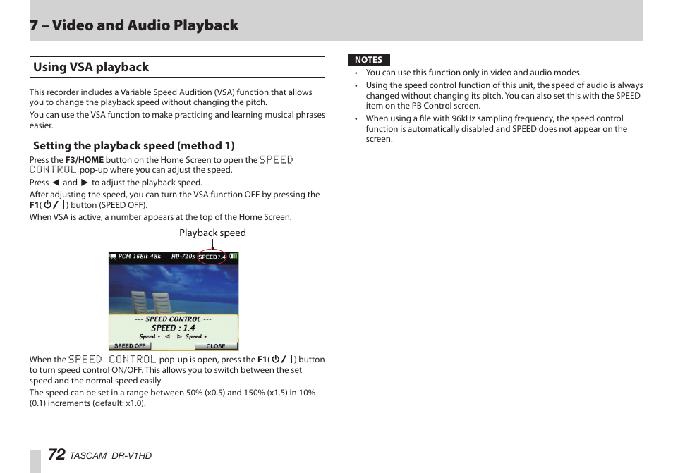 Using vsa playback, Setting the playback speed (method 1), はじめに | はじめに 72, 7 – video and audio playback | Teac DR-V1HD User Manual | Page 72 / 102