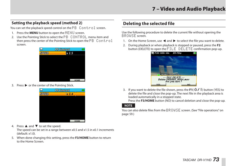 Setting the playback speed (method 2), Deleting the selected file, はじめに | 73 7 – video and audio playback | Teac DR-V1HD User Manual | Page 73 / 102