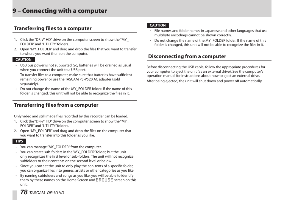 Transferring files to a computer, Transferring files from a computer, Disconnecting from a computer | はじめに, はじめに 78, 9 – connecting with a computer | Teac DR-V1HD User Manual | Page 78 / 102