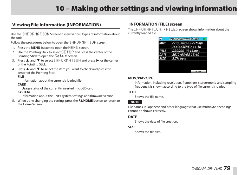 10 – making other settings and viewing information, Viewing file information (information), Information (file) screen | はじめに | Teac DR-V1HD User Manual | Page 79 / 102