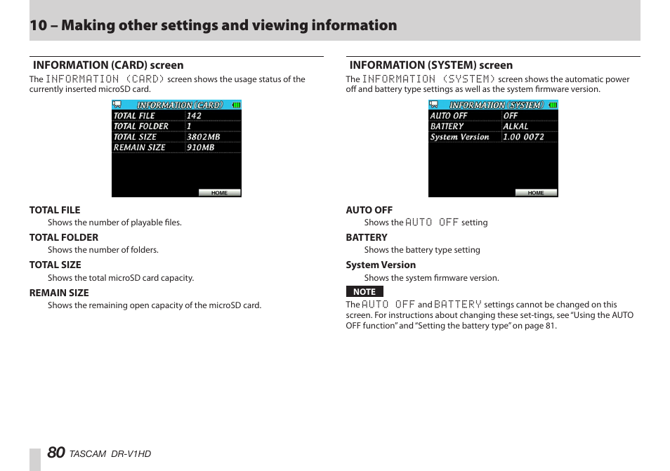 Information (card) screen, Information (system) screen, はじめに | はじめに 80, 10 – making other settings and viewing information | Teac DR-V1HD User Manual | Page 80 / 102