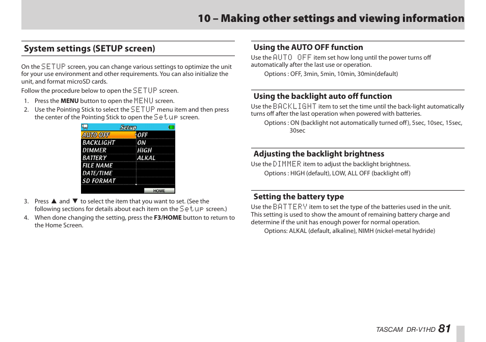 System settings (setup screen), Using the auto off function, Using the backlight auto off function | Adjusting the backlight brightness, Setting the battery type, はじめに | Teac DR-V1HD User Manual | Page 81 / 102