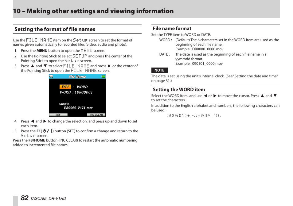 Setting the format of file names, File name format, Setting the word item | File name format setting the word item, はじめに, はじめに 82, 10 – making other settings and viewing information | Teac DR-V1HD User Manual | Page 82 / 102