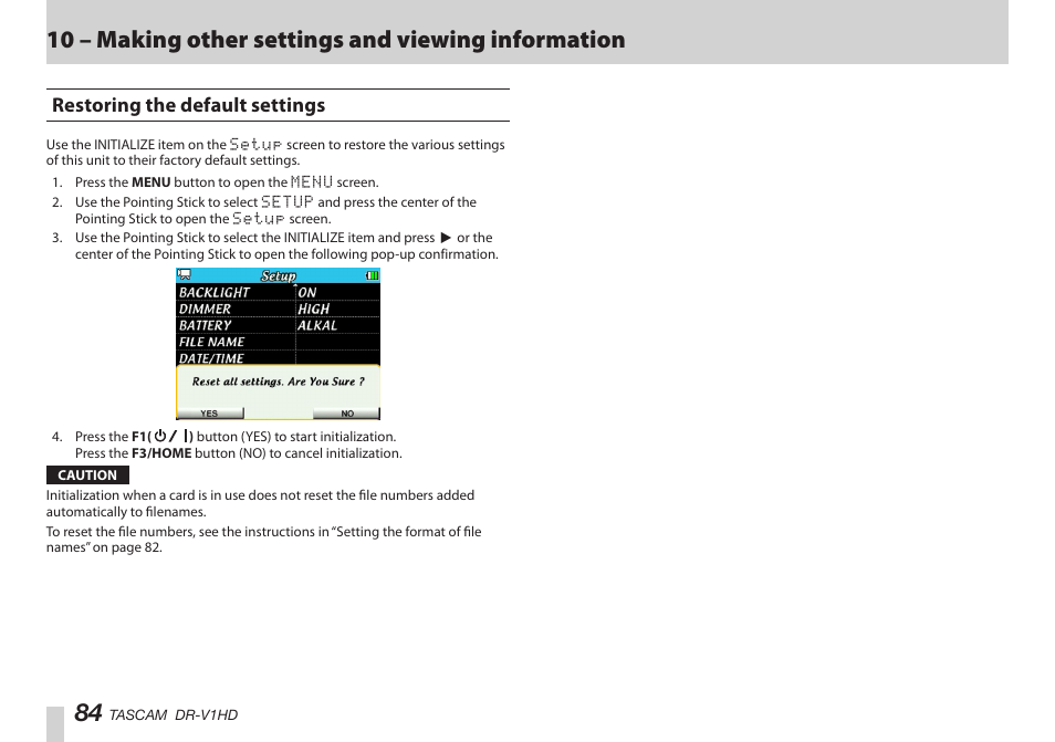 Restoring the default settings, はじめに, はじめに 84 | 10 – making other settings and viewing information | Teac DR-V1HD User Manual | Page 84 / 102