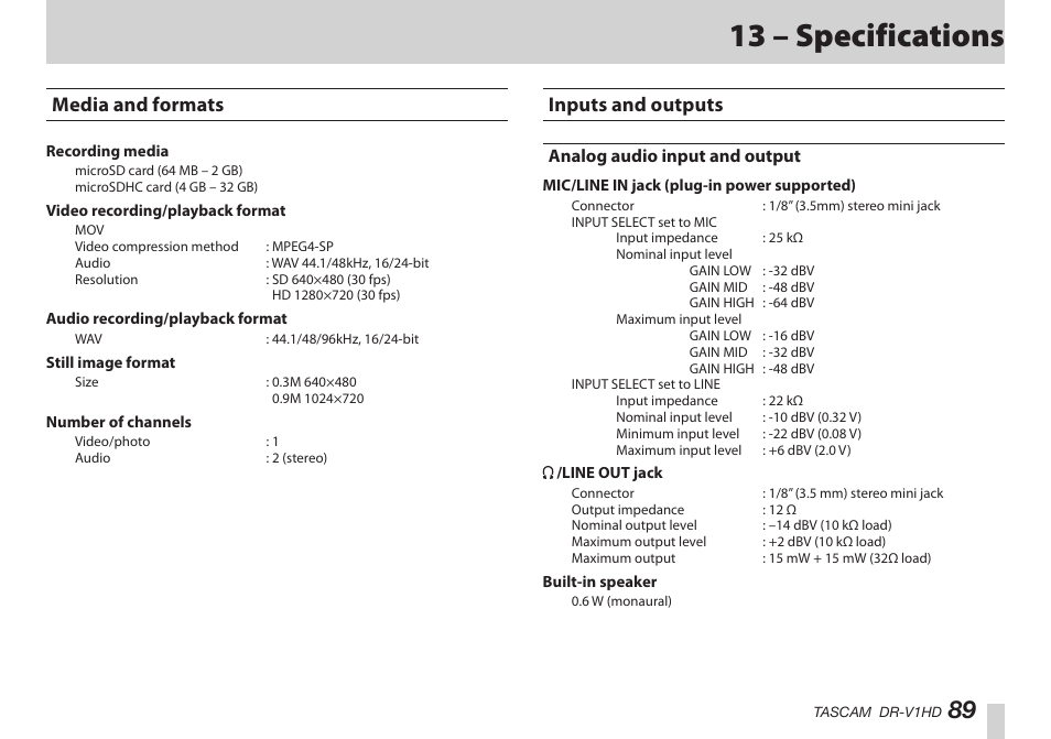 13 – specifications, Media and formats, Inputs and outputs | Analog audio input and output, Media and formats inputs and outputs, はじめに | Teac DR-V1HD User Manual | Page 89 / 102