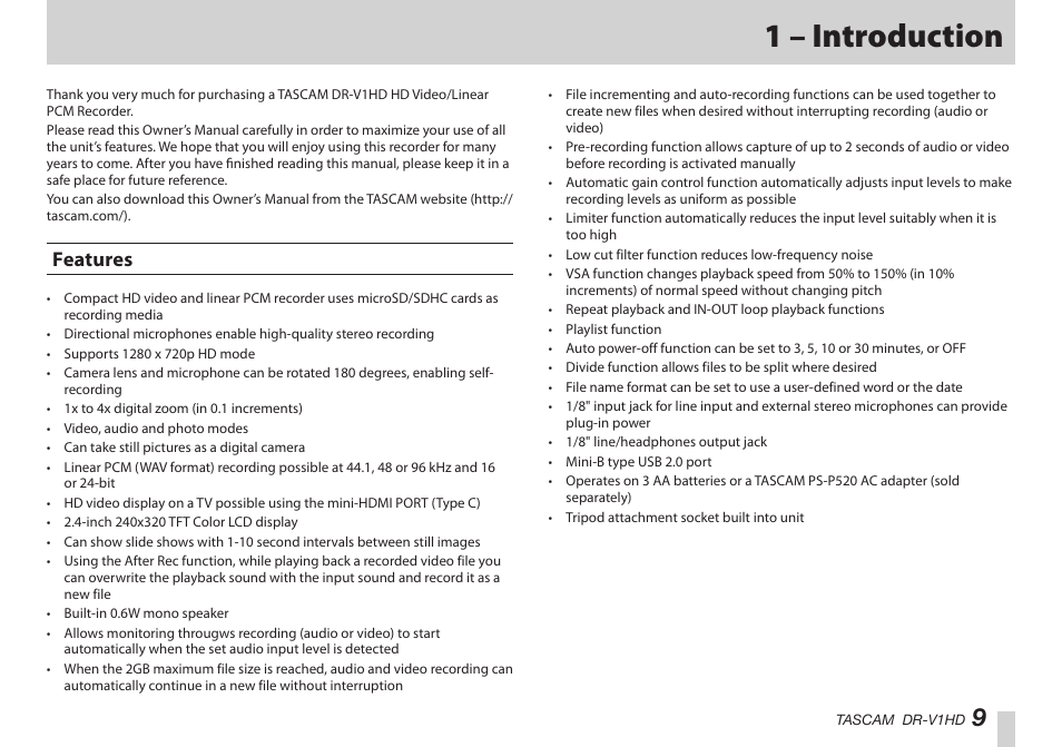 1 – introduction, Features | Teac DR-V1HD User Manual | Page 9 / 102