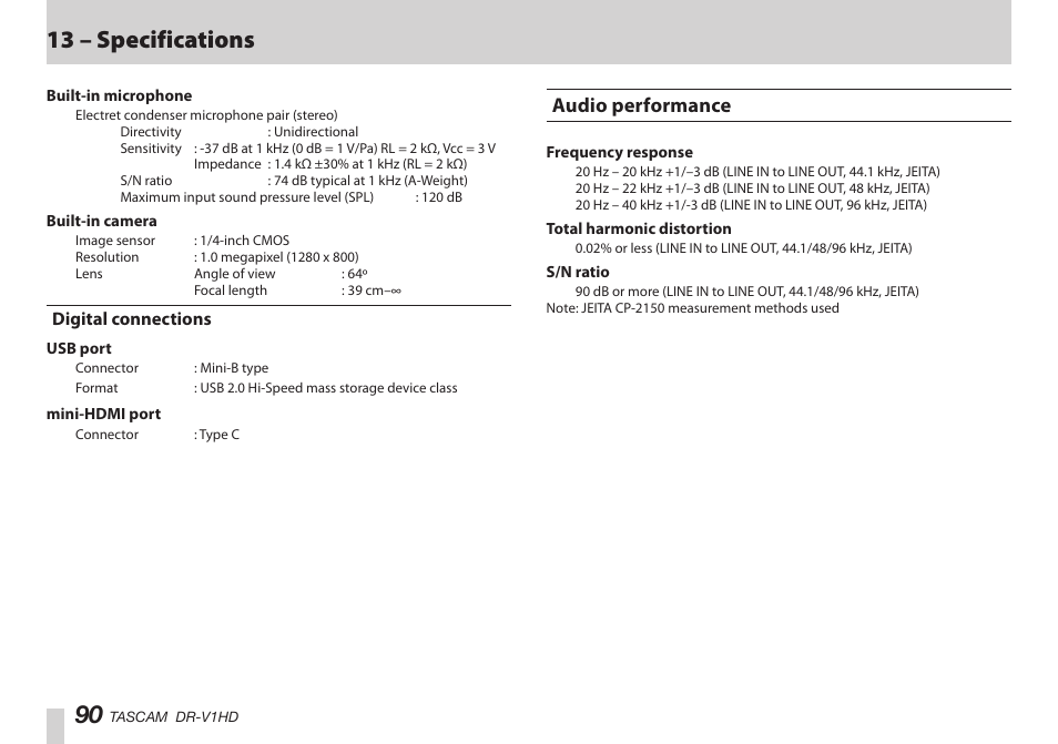 Digital connections, Audio performance, はじめに | はじめに 90, 13 – specifications | Teac DR-V1HD User Manual | Page 90 / 102