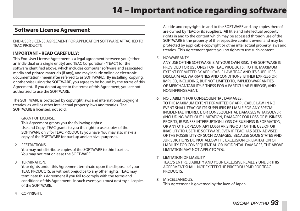 14 – important notice regarding software, Software license agreement, はじめに | Teac DR-V1HD User Manual | Page 93 / 102