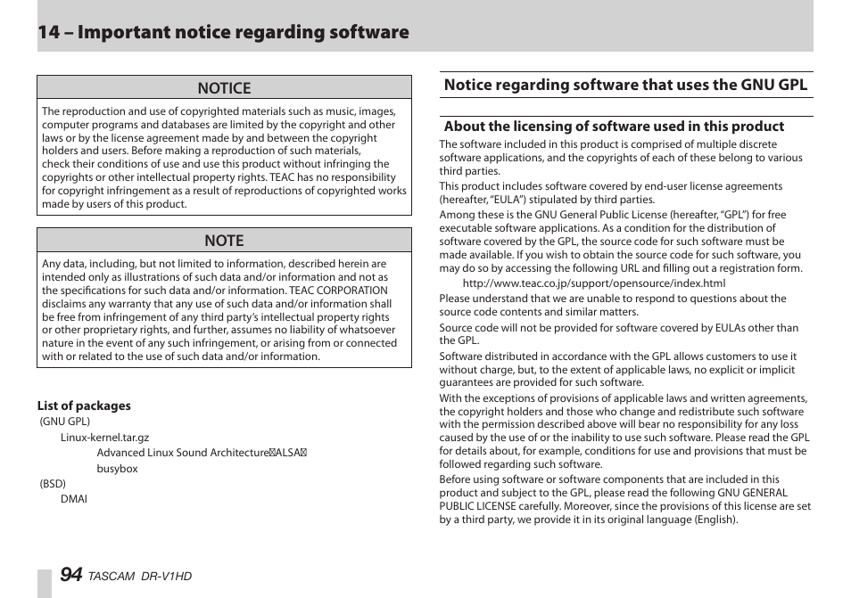 Notice regarding software that uses the gnu gpl, はじめに, はじめに 94 | 14 – important notice regarding software, Notice | Teac DR-V1HD User Manual | Page 94 / 102