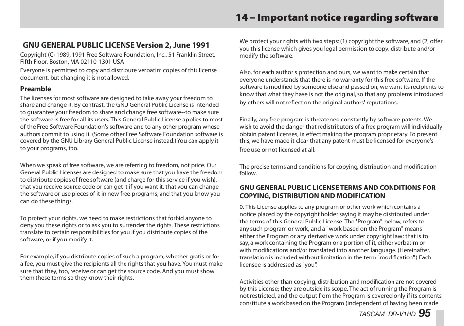 Gnu general public license version 2, june 1991, 95 14 – important notice regarding software | Teac DR-V1HD User Manual | Page 95 / 102