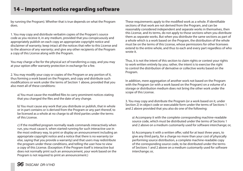 14 – important notice regarding software | Teac DR-V1HD User Manual | Page 96 / 102