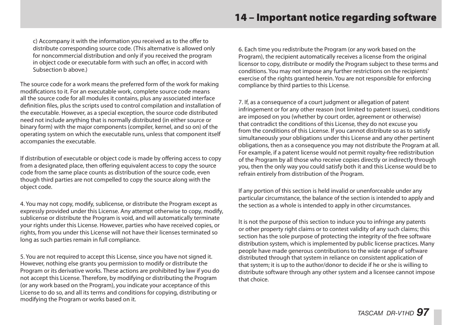 97 14 – important notice regarding software | Teac DR-V1HD User Manual | Page 97 / 102