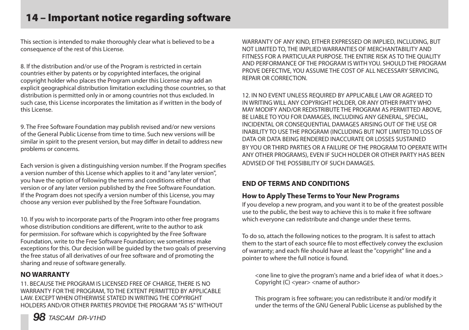 14 – important notice regarding software | Teac DR-V1HD User Manual | Page 98 / 102