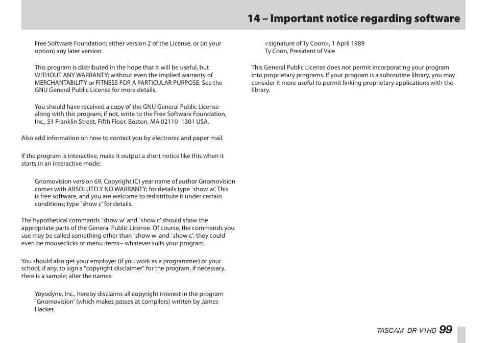 99 14 – important notice regarding software | Teac DR-V1HD User Manual | Page 99 / 102