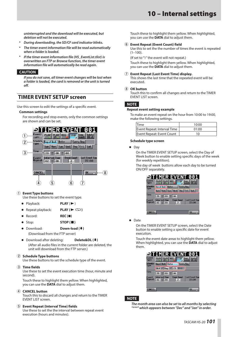 Timer event setup screen, 10 – internal settings | Teac HS-20 User Manual | Page 101 / 128