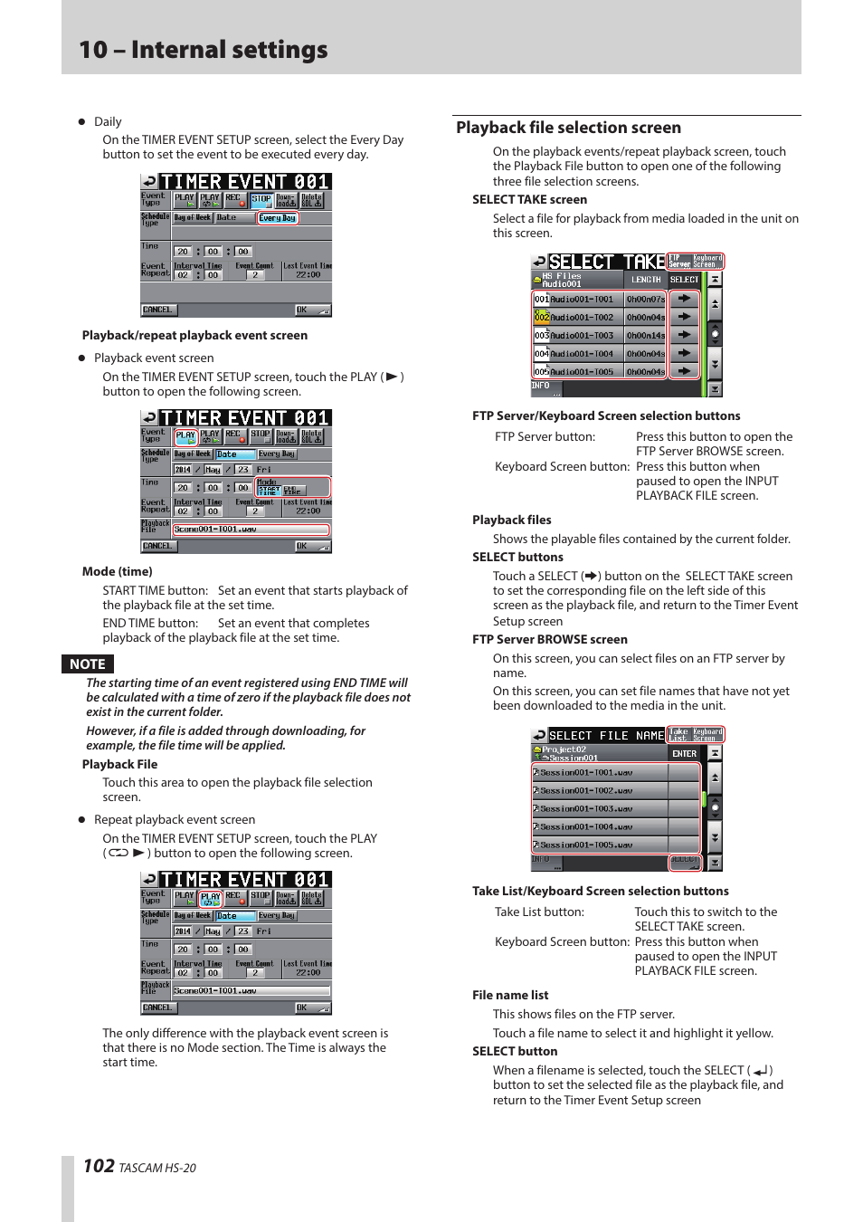 Playback file selection screen, 10 – internal settings | Teac HS-20 User Manual | Page 102 / 128