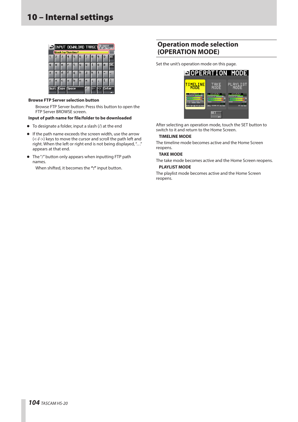 Operation mode selection (operation mode), Operation mode selection, Operation mode) | 10 – internal settings | Teac HS-20 User Manual | Page 104 / 128