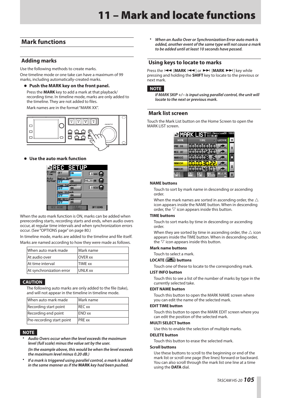 11 – mark and locate functions, Mark functions, Adding marks | Using keys to locate to marks, Mark list screen, Ee “mark functions | Teac HS-20 User Manual | Page 105 / 128