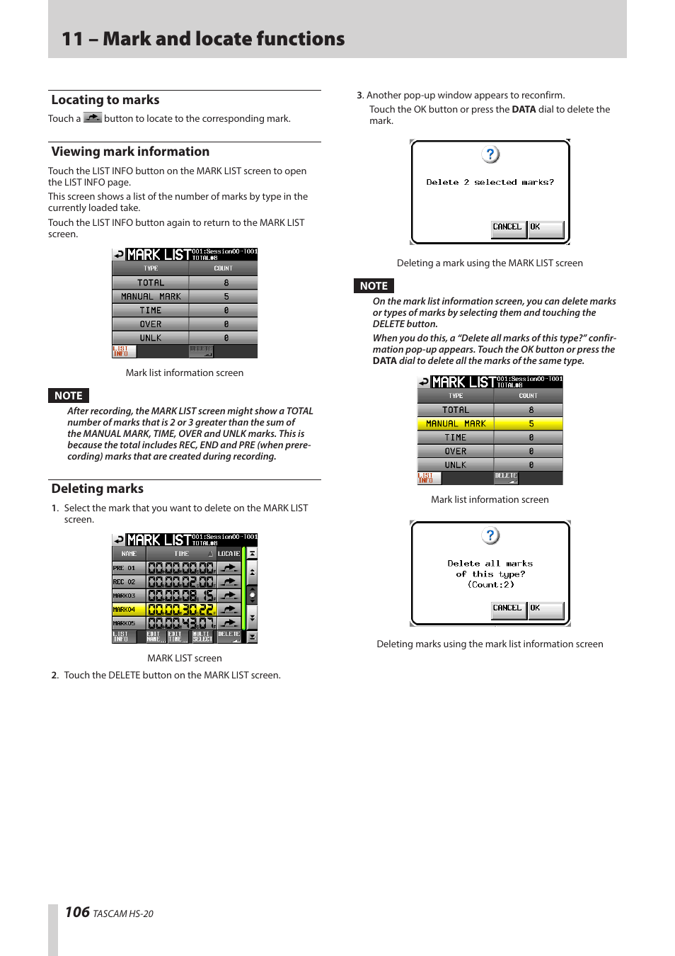 Locating to marks, Viewing mark information, Deleting marks | Viewing mark information deleting marks, 11 – mark and locate functions | Teac HS-20 User Manual | Page 106 / 128