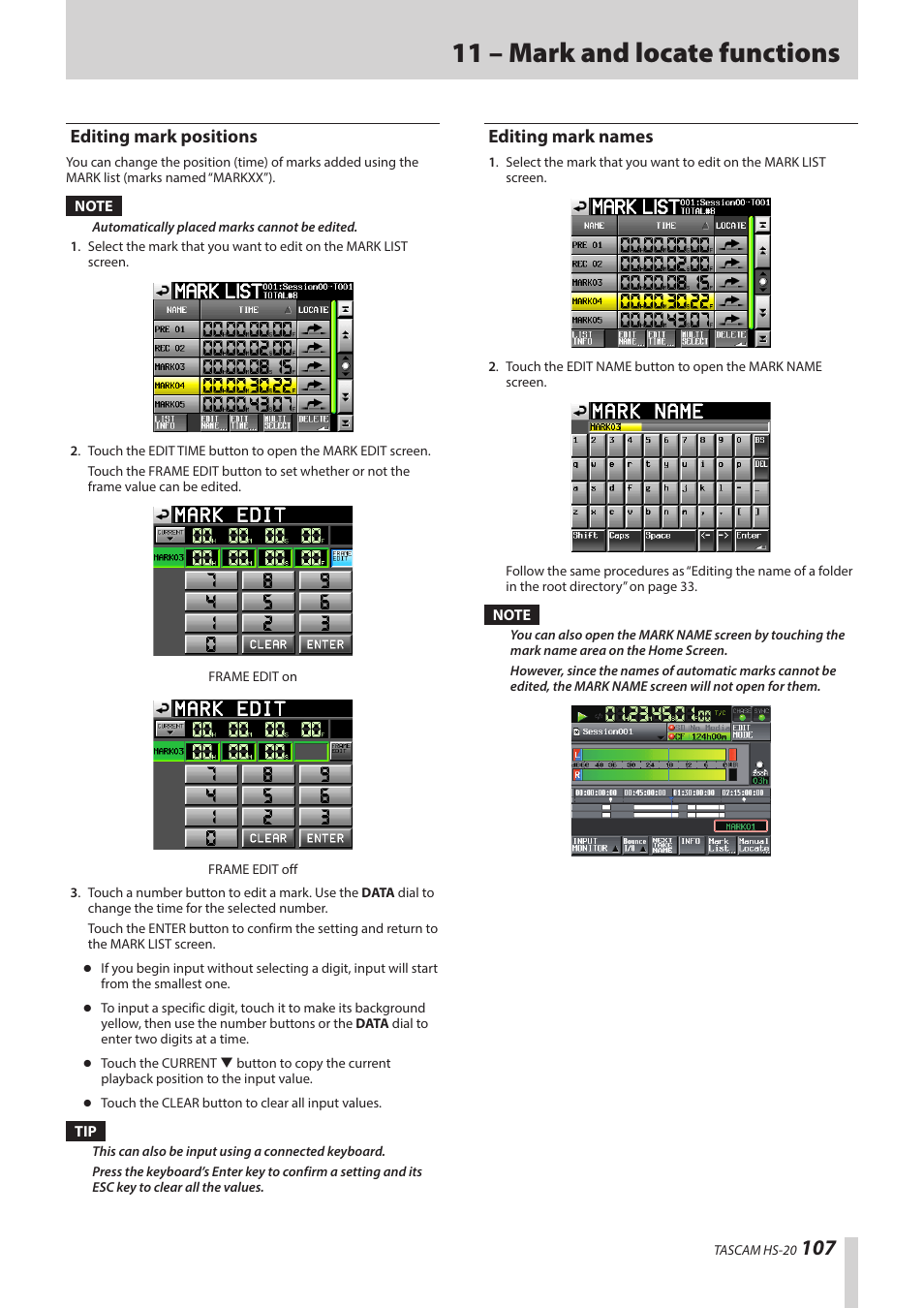 Editing mark positions, Editing mark names, Editing mark positions editing mark names | 11 – mark and locate functions | Teac HS-20 User Manual | Page 107 / 128