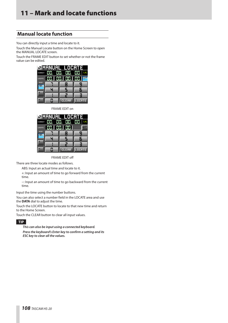 Manual locate function, 11 – mark and locate functions | Teac HS-20 User Manual | Page 108 / 128