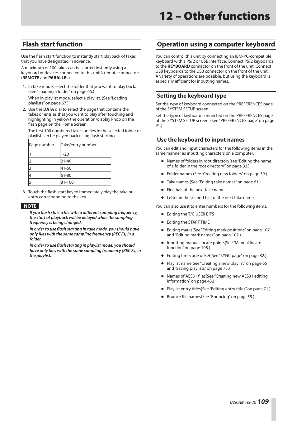 12 – other functions, Flash start function, Operation using a computer keyboard | Setting the keyboard type, Use the keyboard to input names | Teac HS-20 User Manual | Page 109 / 128