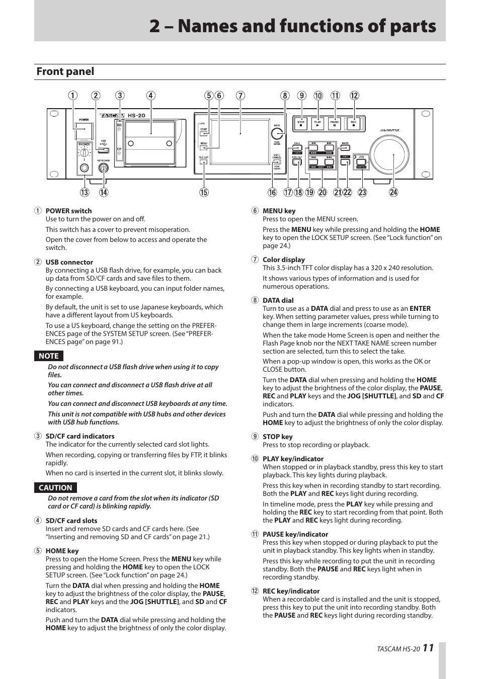 2 – names and functions of parts, Front panel, 11 front panel | Teac HS-20 User Manual | Page 11 / 128