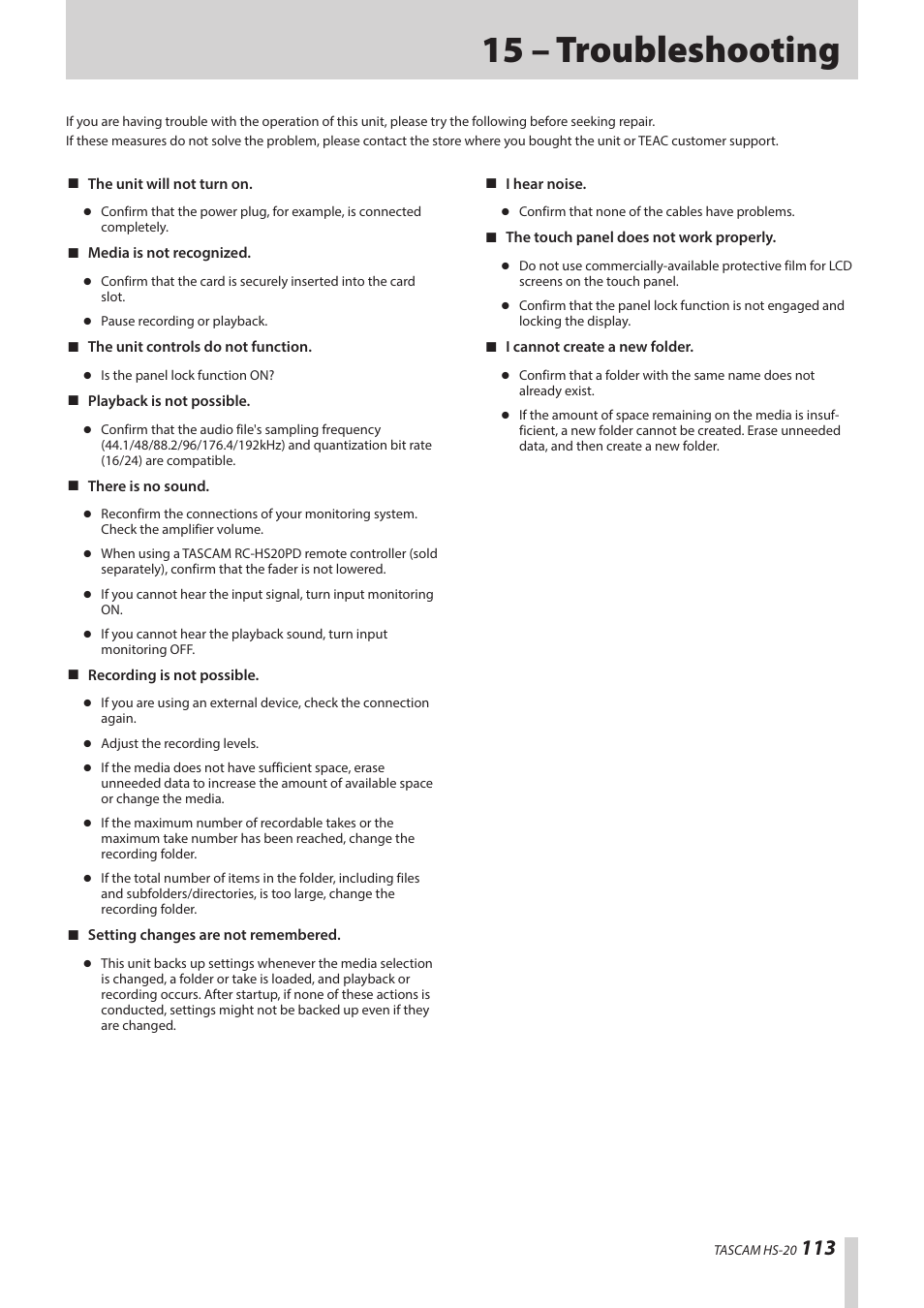 15 – troubleshooting | Teac HS-20 User Manual | Page 113 / 128