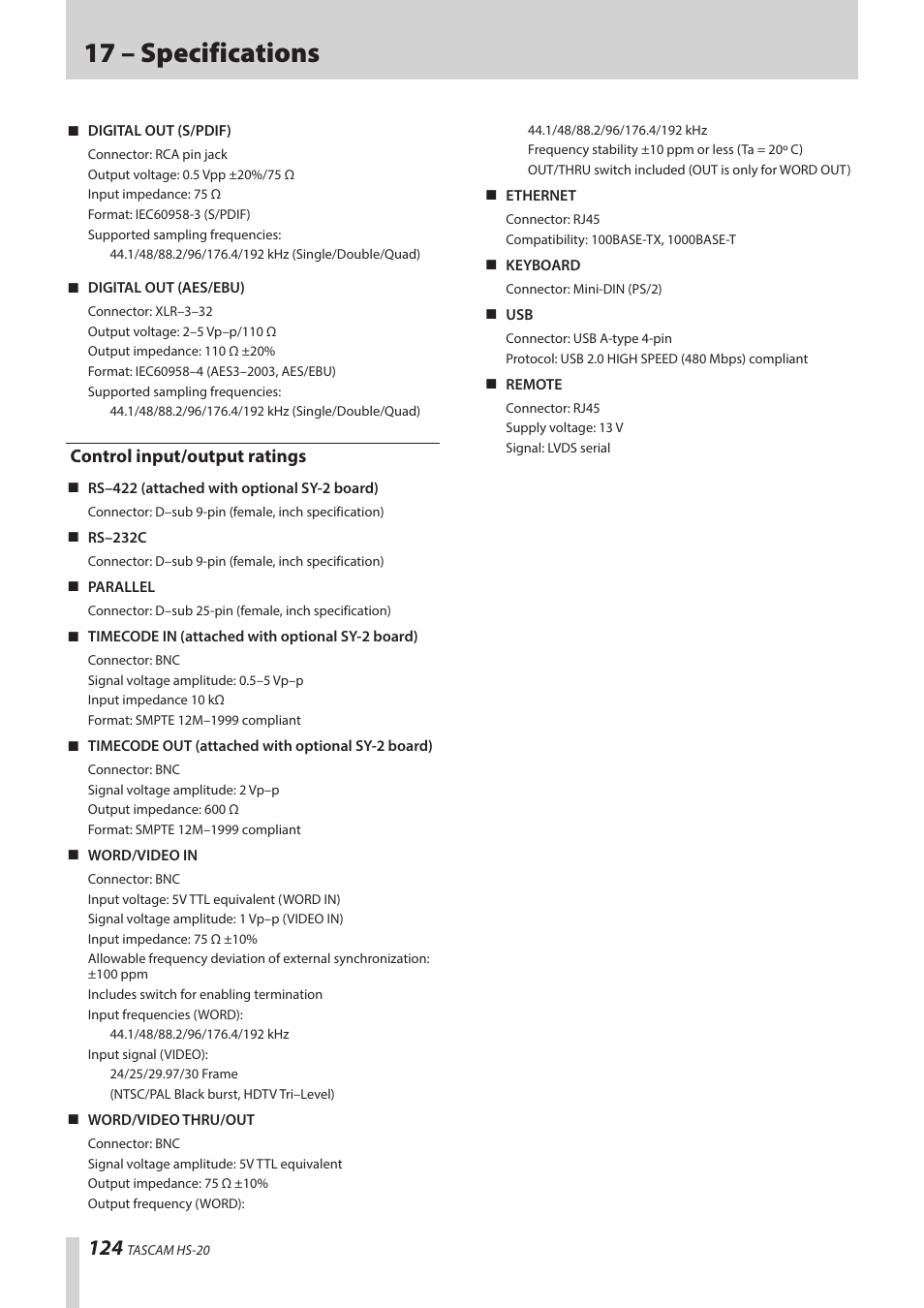 Control input/output ratings, 17 – specifications | Teac HS-20 User Manual | Page 124 / 128