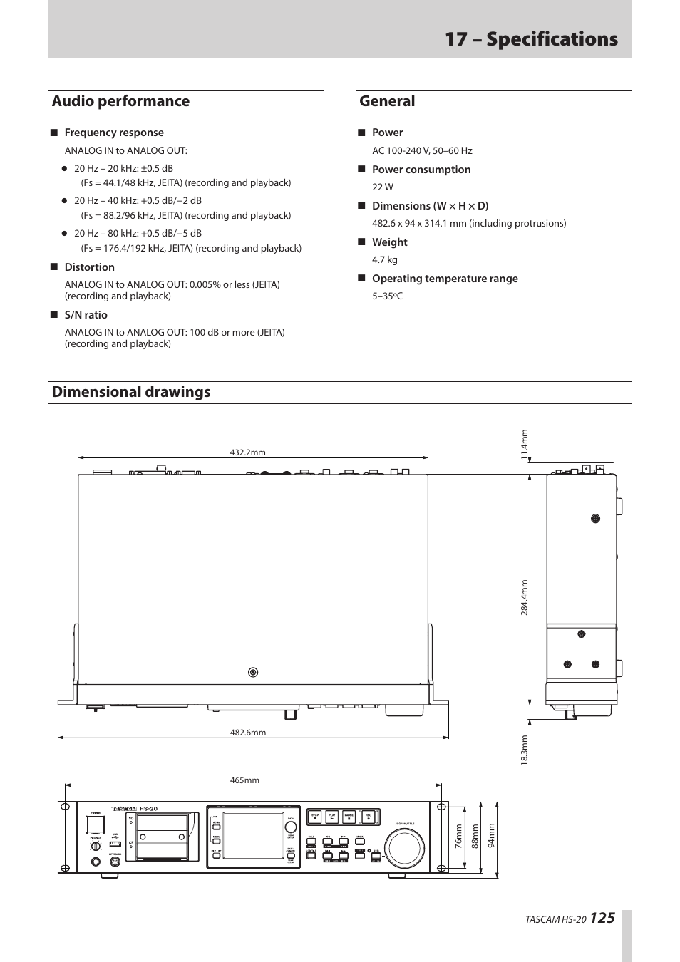 Audio performance, General, Dimensional drawings | Audio performance general dimensional drawings, 17 – specifications | Teac HS-20 User Manual | Page 125 / 128