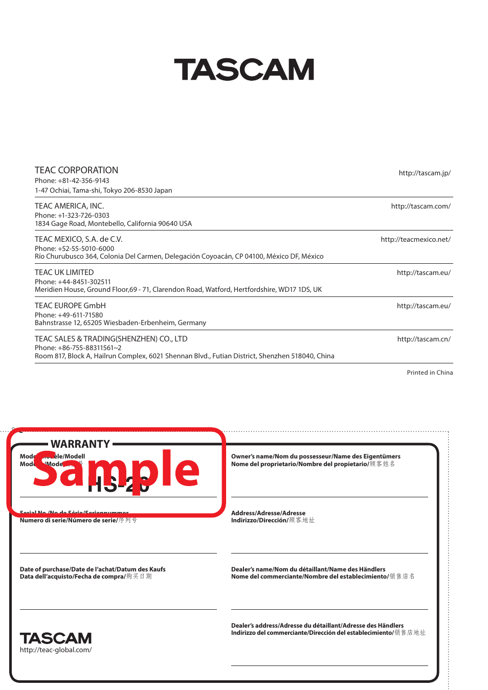 Hs-20, Warranty, Teac corporation | Teac HS-20 User Manual | Page 128 / 128