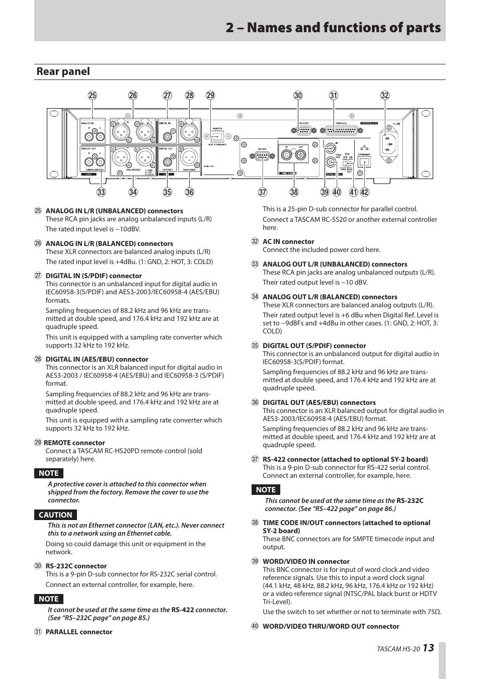 Rear panel, 2 – names and functions of parts, 13 rear panel | Teac HS-20 User Manual | Page 13 / 128