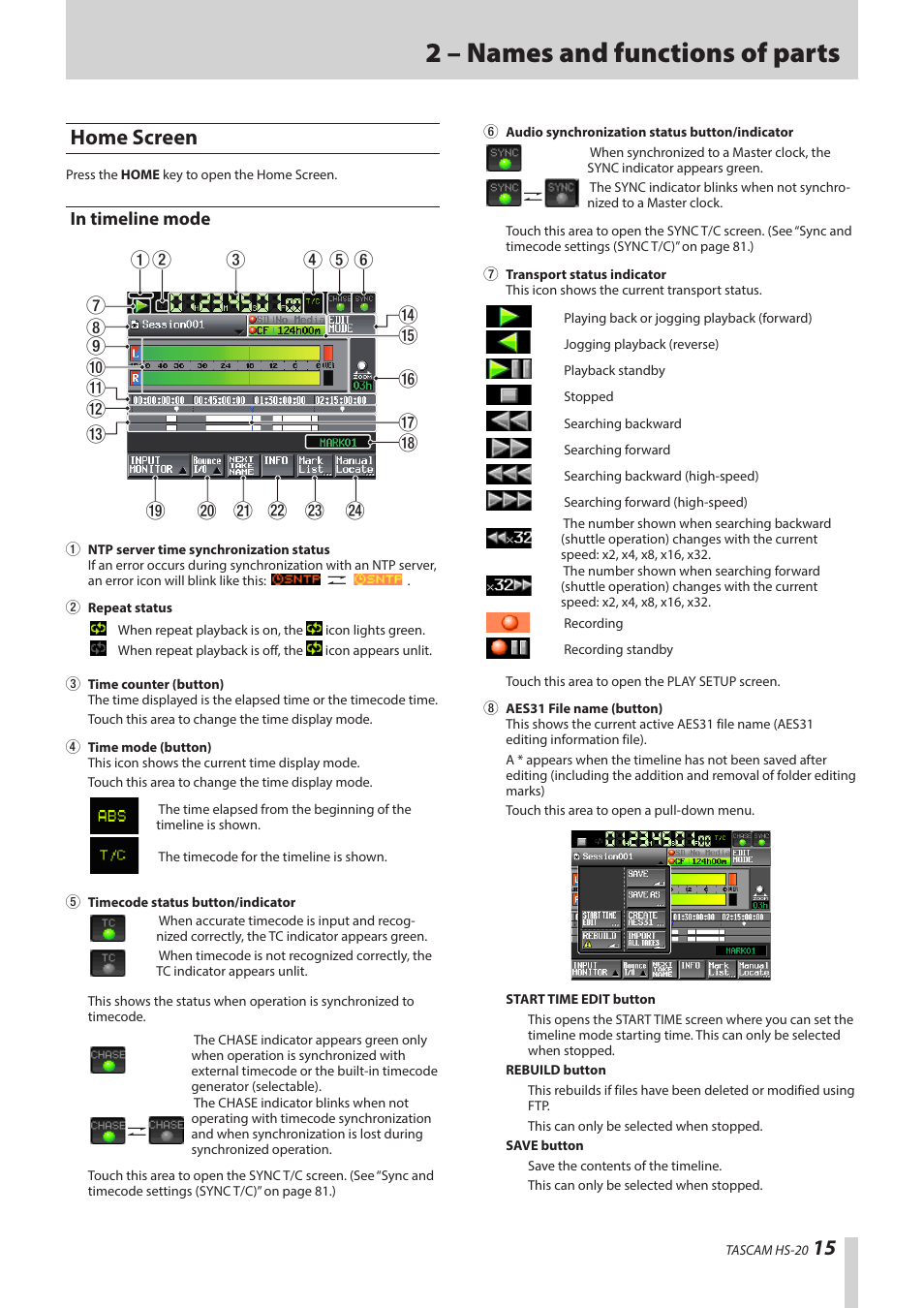 Home screen, In timeline mode, 2 – names and functions of parts | Teac HS-20 User Manual | Page 15 / 128