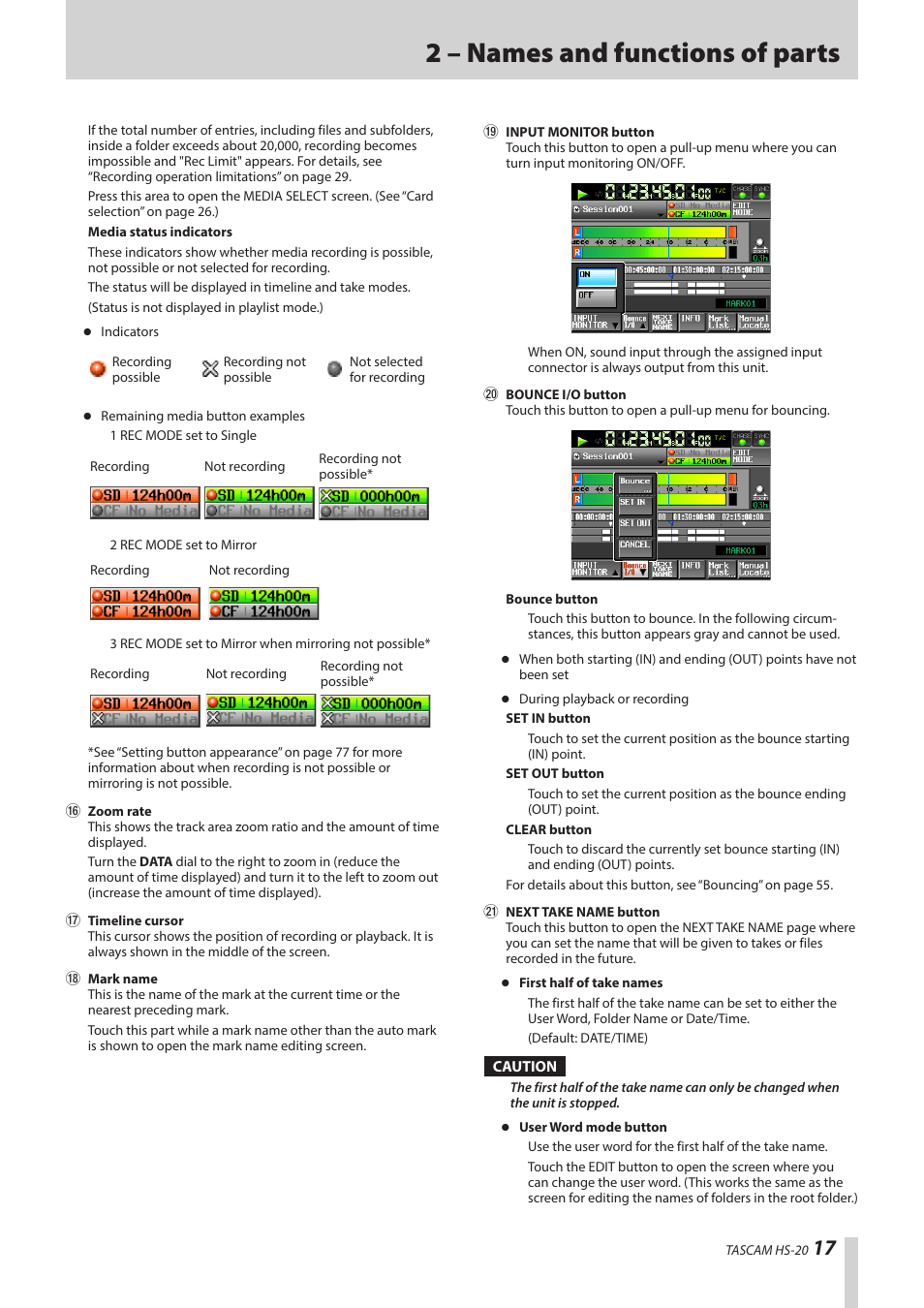 2 – names and functions of parts | Teac HS-20 User Manual | Page 17 / 128