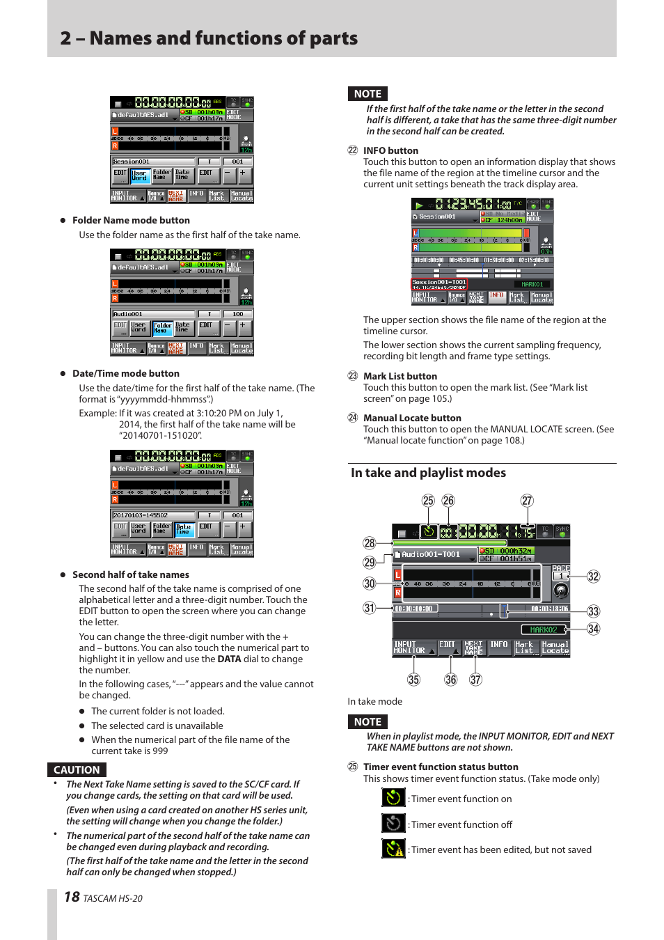 In take and playlist modes, 2 – names and functions of parts | Teac HS-20 User Manual | Page 18 / 128